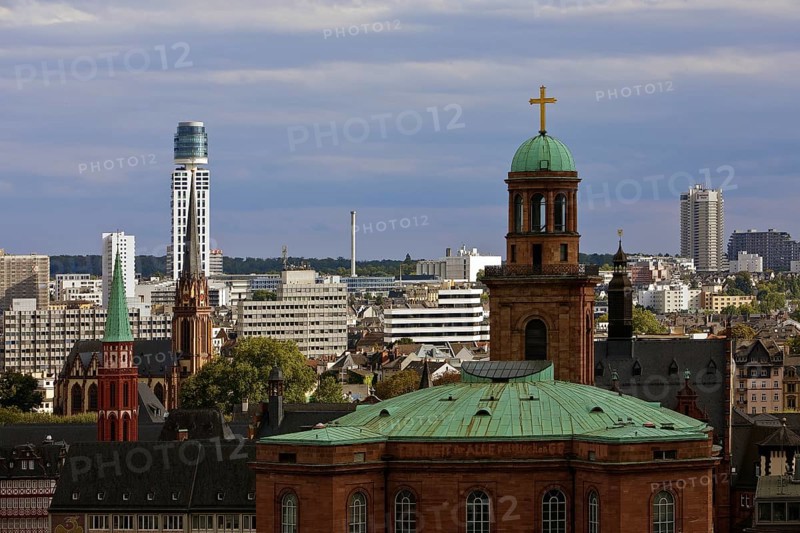 Tower of St Paul's Church, the old Protestant Church of St Nicholas, the Protestant Church of the Epiphany and the New Henninger Tower, Frankfurt am Main, Hesse, Germany