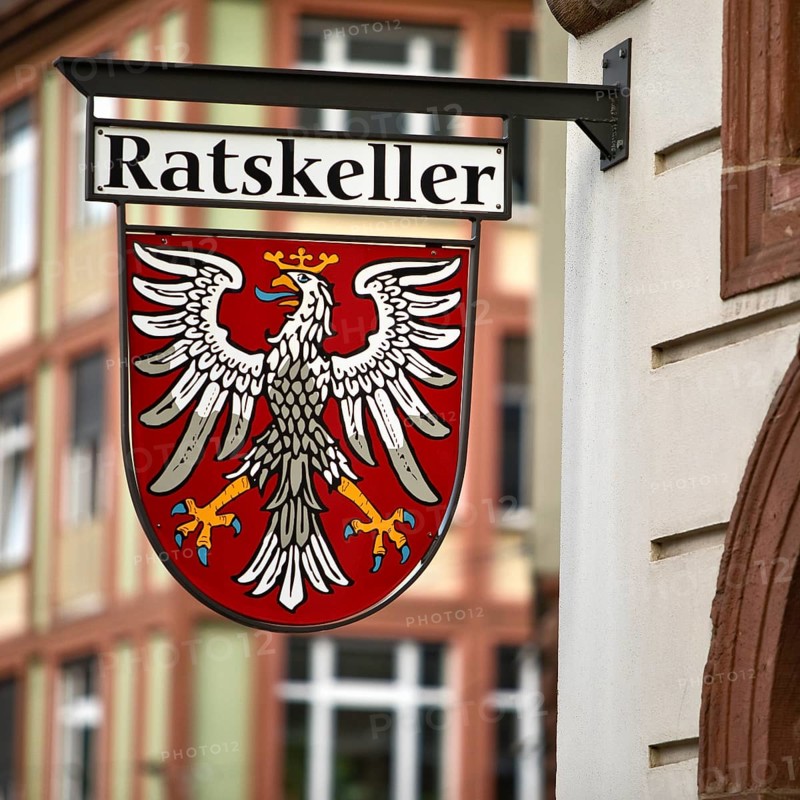 Traditional Ratskeller nose shield with the coat of arms of the city of Frankfurt am Main, Hesse, Germany