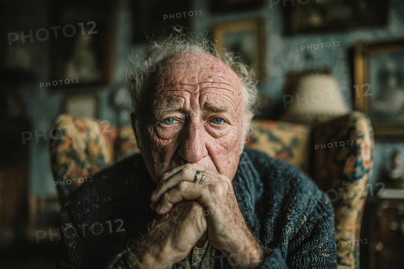 Elderly man looks thoughtful and melancholic, depressive, symbolic image for old age depression, loneliness, AI generated, AI generated