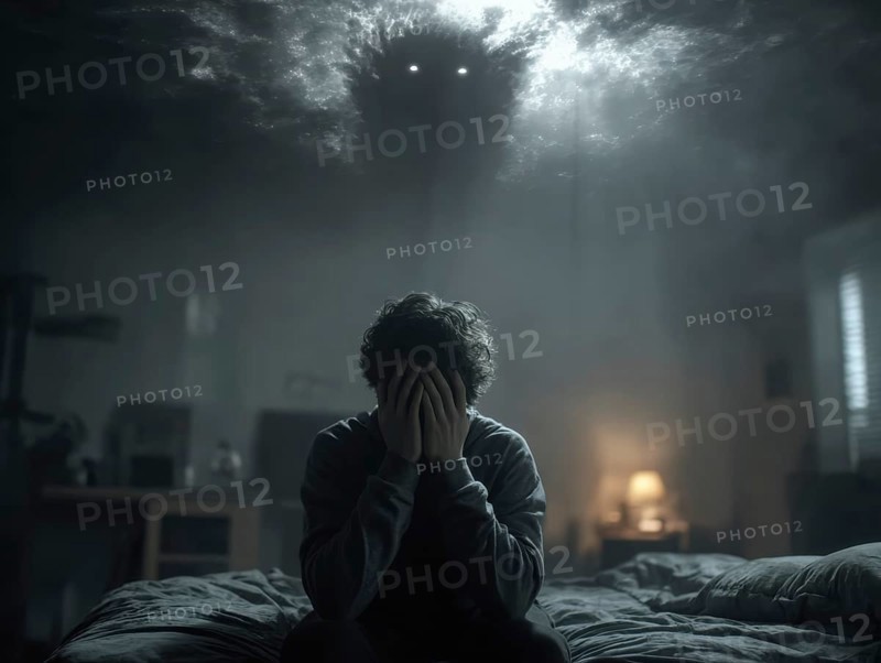 Person sitting in bed, small dark monster on the ceiling, symbolic image for anxiety disorders, panic attacks, mental illness, AI generated