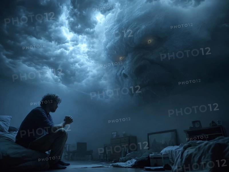 Person kneeling in bed, cloudy monster in the sky, symbolic image for anxiety disorders, panic attacks, mental illness, AI generated