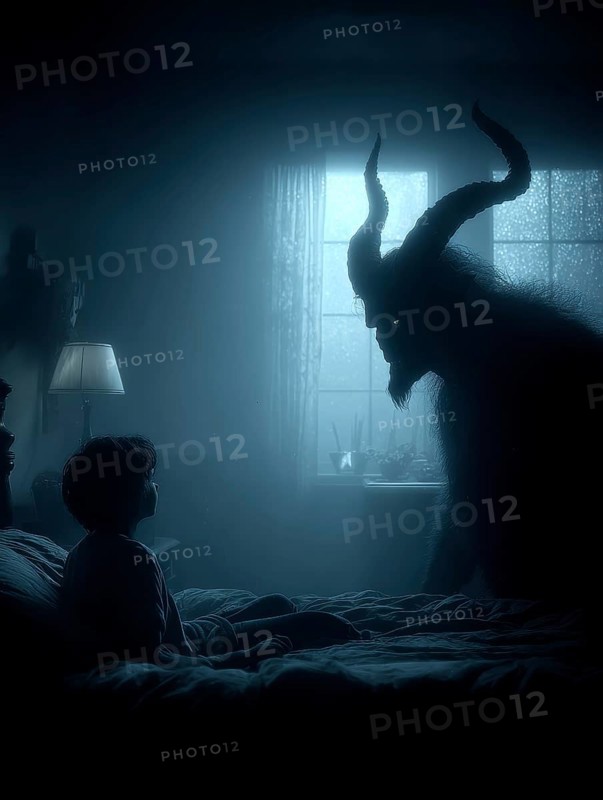 Child in bed, monster in demonic form with horns in front of window, symbolic image for anxiety disorders, panic attacks, mental illness, AI generated