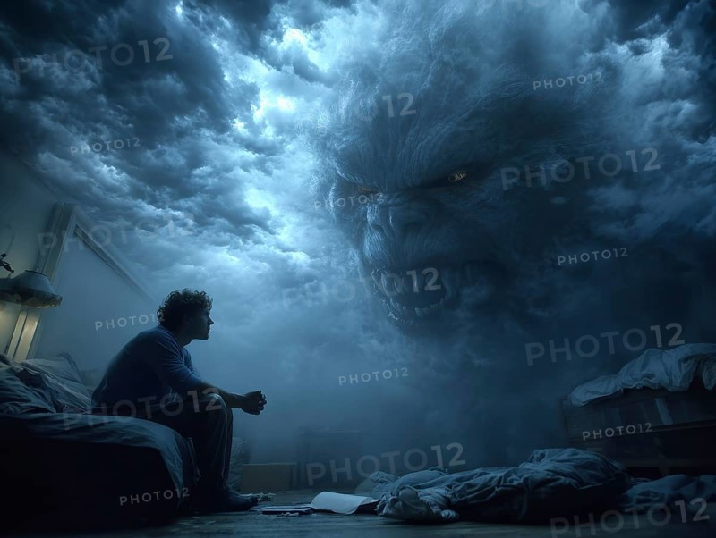 Person sits in bed, large cloudy monster fills the room, symbolic image for anxiety disorders, panic attacks, mental illness, AI generated