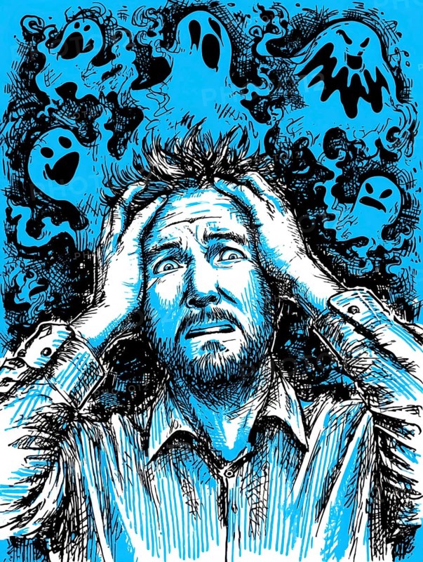 A man in drawn style shows an expression of panic surrounded by ghostly apparitions, symbolising anxiety disorders, panic attacks, mental illness, AI generated