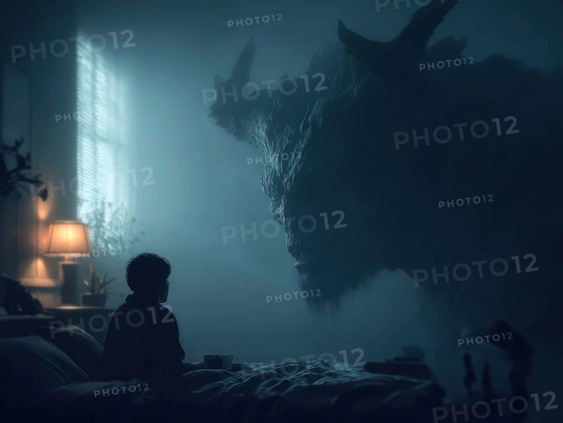 Child sitting on bed, threatening monster looking at it from the side, symbolic image for anxiety disorders, panic attacks, mental illness, AI generated, AI generated