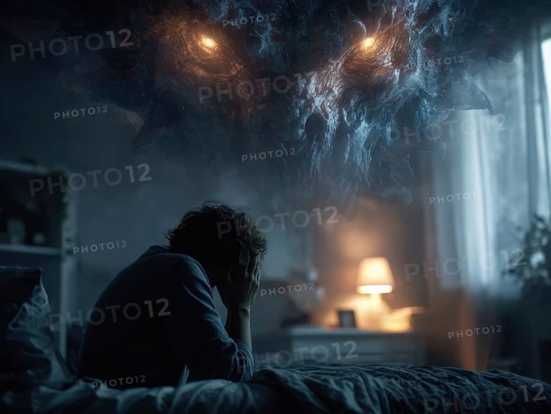 Person sitting on bed, huge monster above him, threatening atmosphere, symbolic image for anxiety disorders, panic attacks, mental illness, AI generated