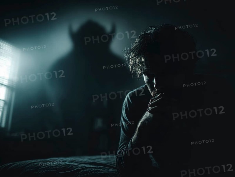 Man sitting in a dark room, threatening monster shape visible in the background, symbolic image for anxiety disorders, panic attacks, mental illness, AI generated