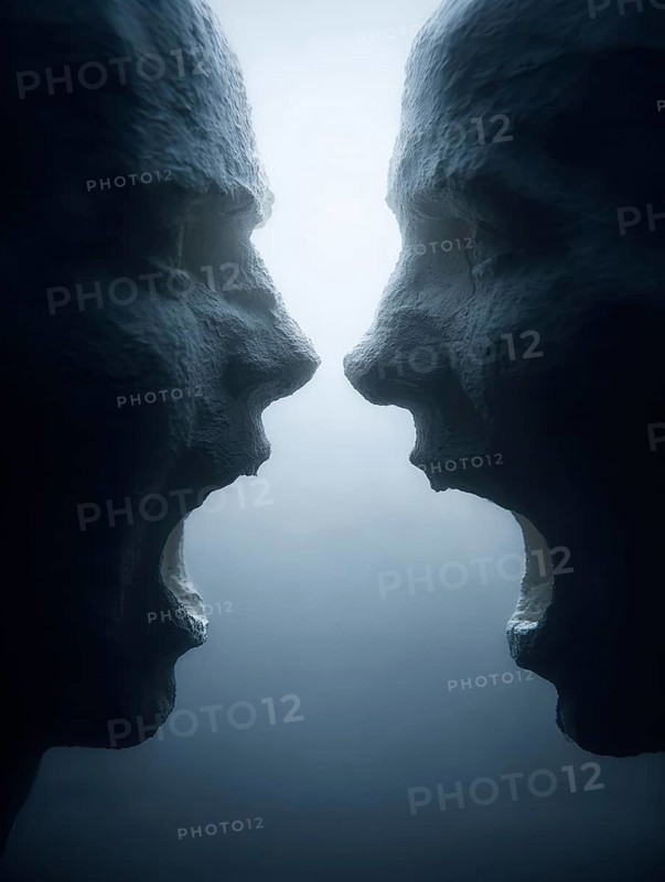 Two sculptures screaming at each other in darkness with dramatic use of light, AI generated, AI generated