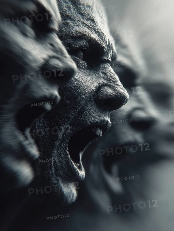 Series of loud screaming faces in darkness with intense expressions and mystical atmosphere, AI generated, AI generated