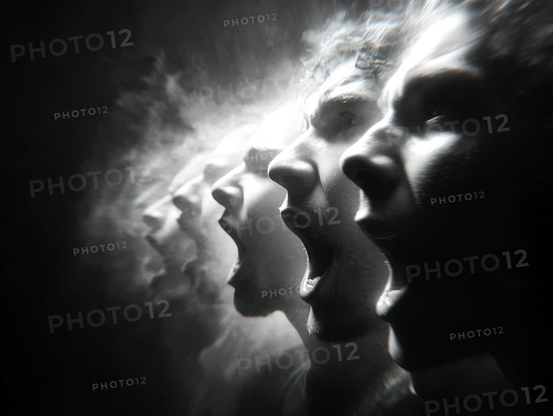 Multiple screaming faces in motion blur showing intensity and dynamics, AI generated, AI generated