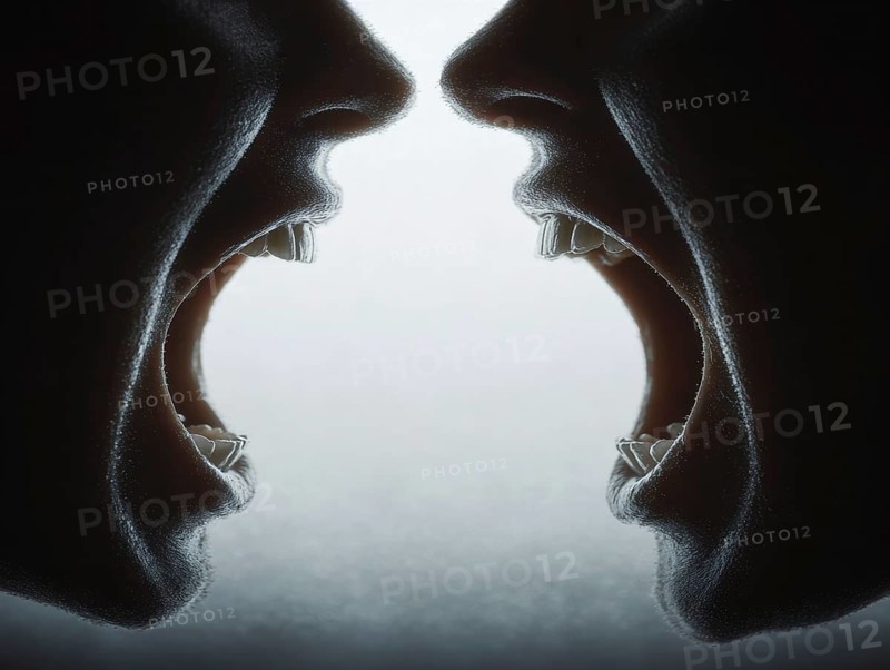Two open mouths stand close to each other, shouting at each other and creating a tense atmosphere, AI generated