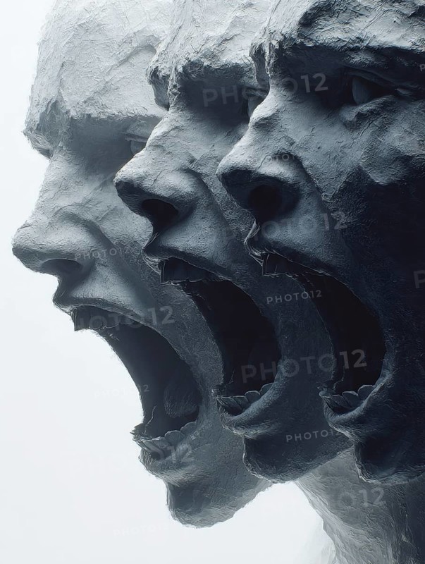 Three screaming plaster faces with dramatic expressions in monochrome style, AI generated, AI generated