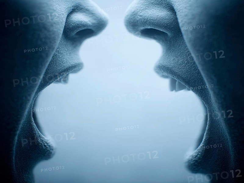 Two open mouths stand close to each other, shouting at each other and creating a tense atmosphere, AI generated, AI generated