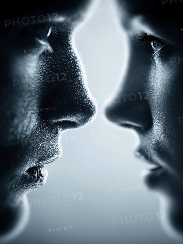 Two faces in intense close-up, holding tense eye contact, create a feeling of intimacy, AI generated, AI generated