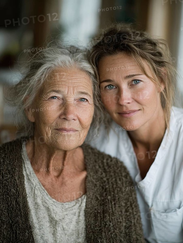 A young carer lovingly looks after a senior citizen in a nursing home, nursing home, symbolic image for elderly care, need for care, need for protection, nursing home, nursing staff, care, care for the elderly, dementia, Alzheimer's, loneliness, isolation, loss, old age, AI generated
