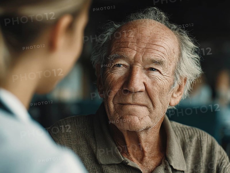 A young carer lovingly looks after a senior in a retirement home, nursing home, symbolic image for elderly care, need for care, need for protection, nursing home, nursing staff, care, care for the elderly, dementia, Alzheimer's, loneliness, isolation, loss, old age, AI generated