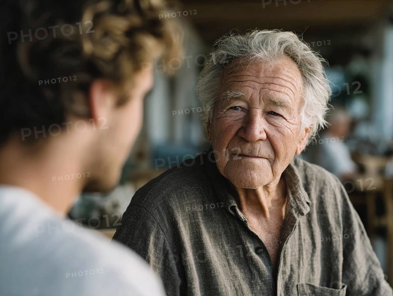 A young carer lovingly looks after a senior in an old people's home, nursing home, symbolic image for care for the elderly, need for care, need for protection, nursing home, nursing staff, care, care for the elderly, dementia, Alzheimer's, loneliness, isolation, loss, old age, AI generated