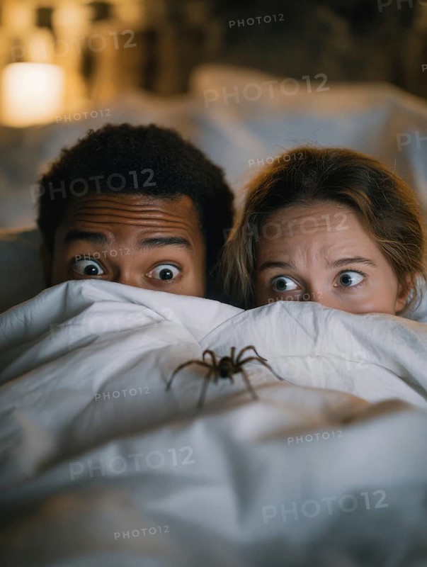 Two people in bed looking frightened at a spider crawling across the bedspread, symbolic image for spider fear, arachnophobia, AI generated, AI generated