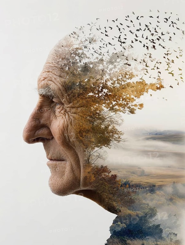 Double exposure of an elderly man and decaying parts of a landscape, symbolic image for memory loss, loss of identity, dementia, Alzheimer's, thoughtfulness, mental health, loss, ageing, fragility, old age depression, depression, AI generated
