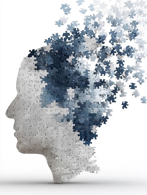 Illustration, graphic of a face made of puzzle pieces that spread out, symbolic image for dementia, Alzheimer's, loss of cognitive emotional and social skills, personality decline, AI generated