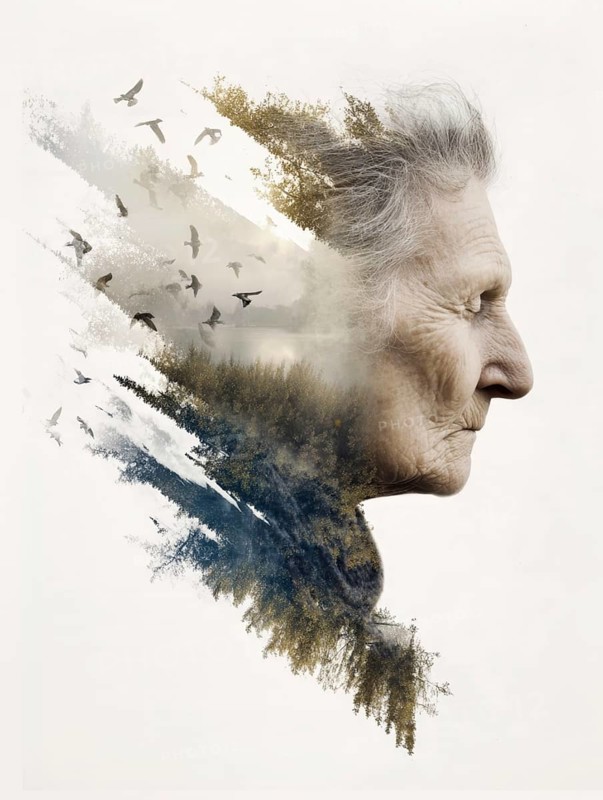 Double exposure of an elderly woman and decaying parts of a landscape, symbolic image for memory loss, loss of identity, dementia, Alzheimer's, thoughtfulness, mental health, loss, ageing, fragility, old age depression, depression, AI generated