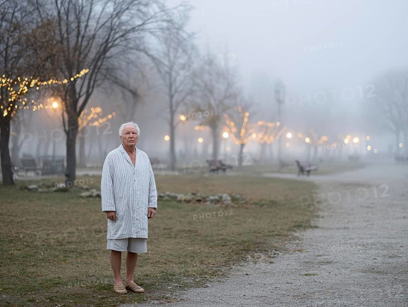 An elderly man in pyjamas stands in a cold, wintry environment, looking confused, helpless and disorientated, symbolising dementia, Alzheimer's, AI generated