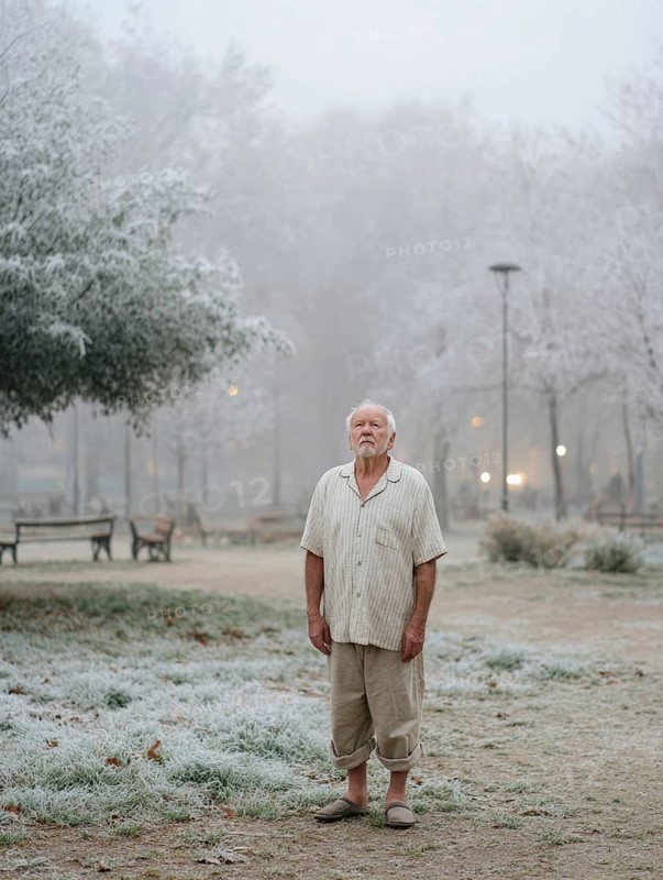 An elderly man in pyjamas stands in a cold, wintry environment, looking confused, helpless and disorientated, symbolising dementia, Alzheimer's, AI generated