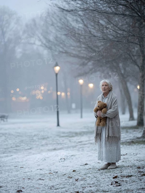 An elderly woman in a nightgown stands with her teddy bear in a cold, wintry environment, looking confused, helpless and disorientated, symbolising dementia, Alzheimer's, AI generated