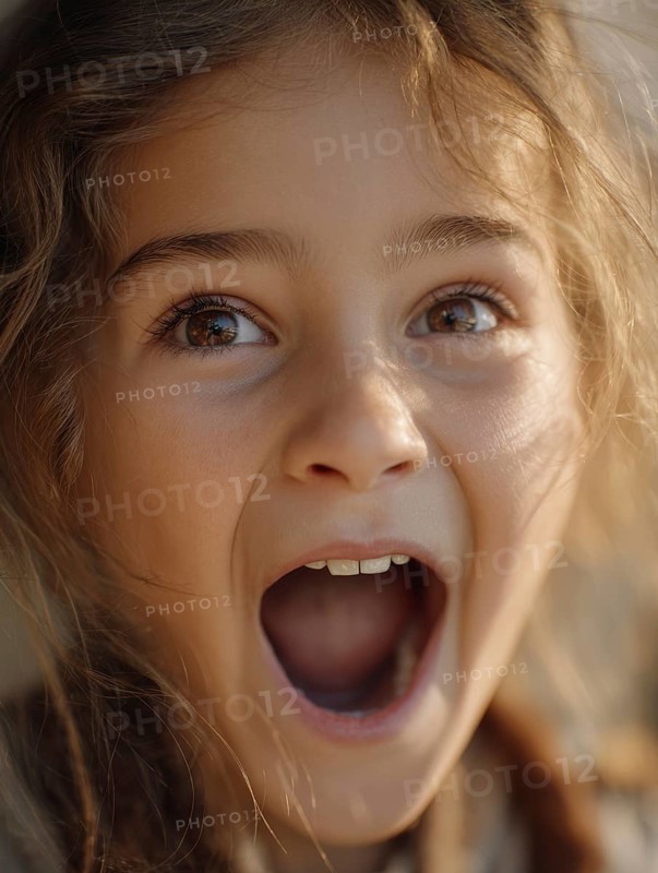 Child with astonished wide eyes and open mouth, looks surprised and cheerful, AI generated