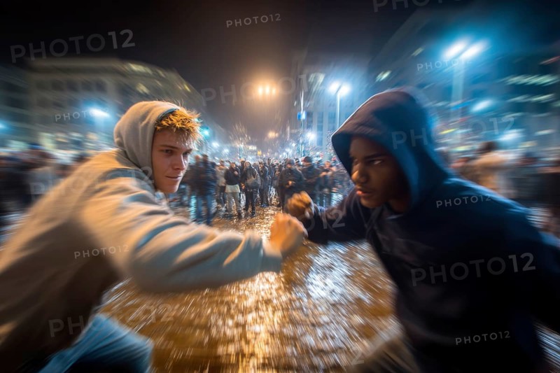 Two men in hoodies are facing each other fighting on a rainy street, while a crowd of people can be seen in the background, symbolic image for physical altercation among youths, use of force, physical violence, act of violence, aggressive behaviour, brawl, AI generated