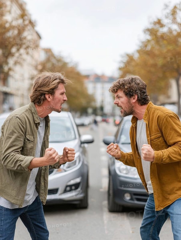 Two angry men arguing in the street, possibly triggered by a road traffic incident, symbolic image for aggressive behaviour in road traffic, AI generated