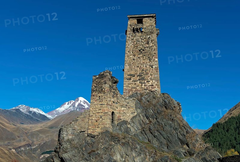 Defence defence tower of the medieval fortress of Sno, also known as Gudushauri Castle, mountain village of Sno, Kazbegi municipality in the Mtskheta-Mtianeti region, Georgia