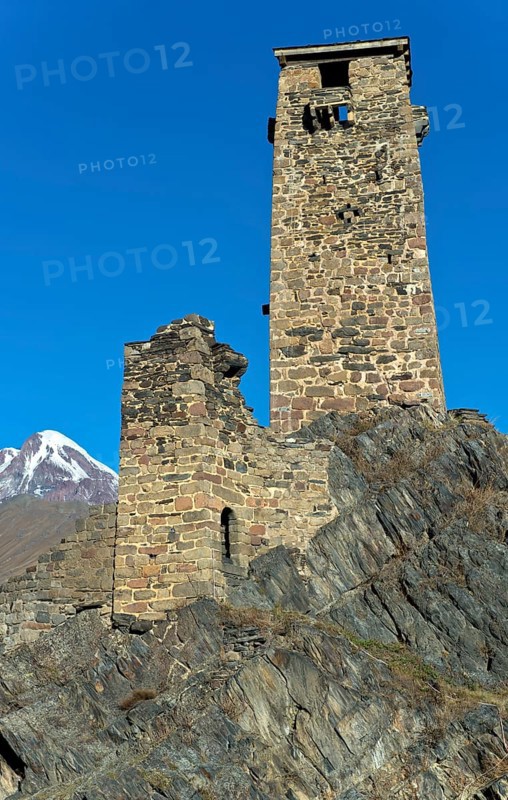 Defence defence tower of the medieval fortress of Sno, also known as Gudushauri Castle, mountain village of Sno, Kazbegi municipality in the Mtskheta-Mtianeti region, Georgia
