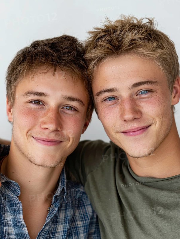 Two smiling young men in casual clothes pose in a friendly manner against a wall, symbolising same-sex relationships, love, marriage, LGBTQ, AI generated, AI generated