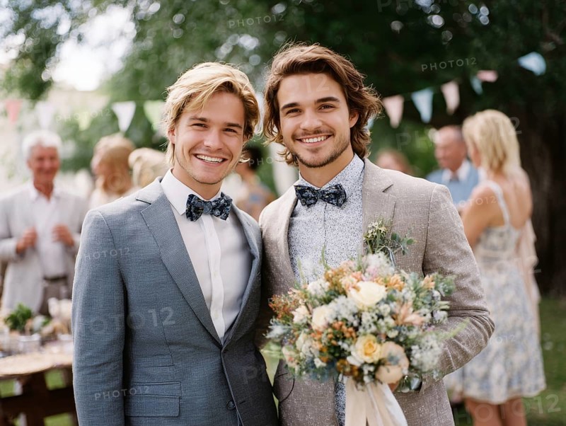 A male couple in a suit, one kissing the other on the cheek, surrounded by guests outdoors, symbolising same-sex marriage, love, LGBTQ, AI generated, AI generated