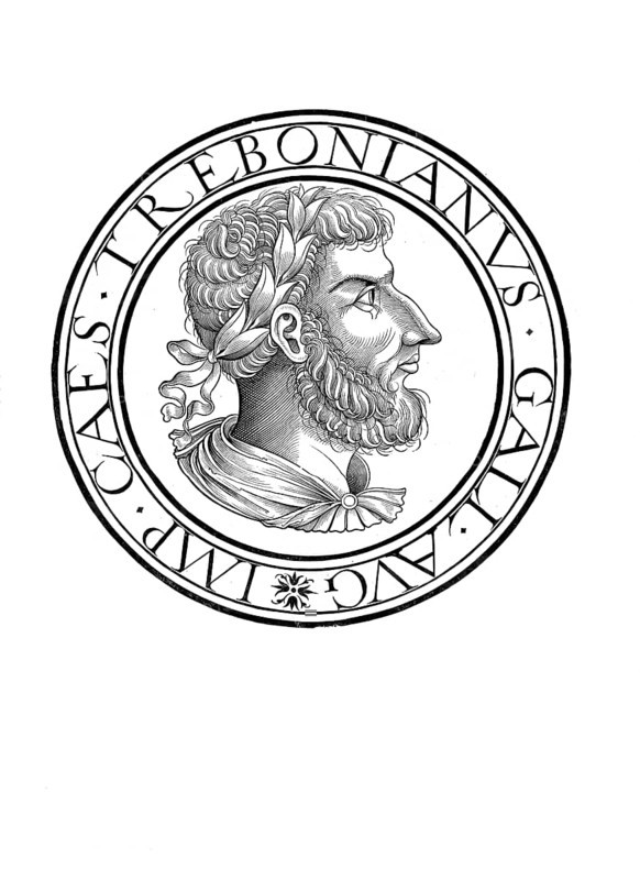 Gaius Vibius Trebonianus Gallus (born 206 in Perusia, died August 253) was Roman Emperor between 251 and 253 together with his son Volusianus, authentic, digitally restored reproduction from a 19th century original, record date not stated