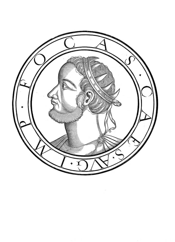 Phokas, Fokas, Focas or Phocas, (born after 547 in Thrace, died 5 October 610 in Constantinople) was emperor of the Eastern Roman or Byzantine Empire from 602 to 610, authentic, digitally restored reproduction from a 19th century original, record date not stated