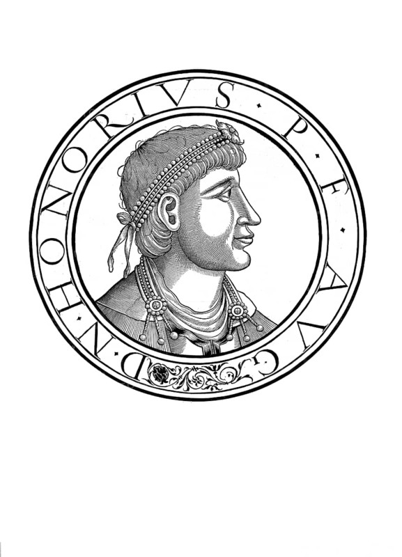 Flavius Honorius (born 9 September 384 in Constantinople, died 15 August 423 in Ravenna) was Western Roman Emperor from 395 to 423, authentic, digitally restored reproduction from a 19th century original, record date not stated