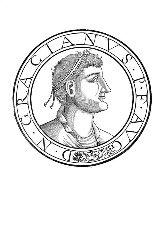 Gratian (born 18 April 359 in Sirmium, died 25 August 383 in Lugdunum), whose full name was Flavius Gratianus, was emperor in the west of the Roman Empire from 375 to 383, but was already appointed co-emperor by his father Valentinian I in 367. Together with Theodosius I, he made Christianity the state religion of the Roman Empire, authentic, digitally restored reproduction from a 19th century original, record date not stated