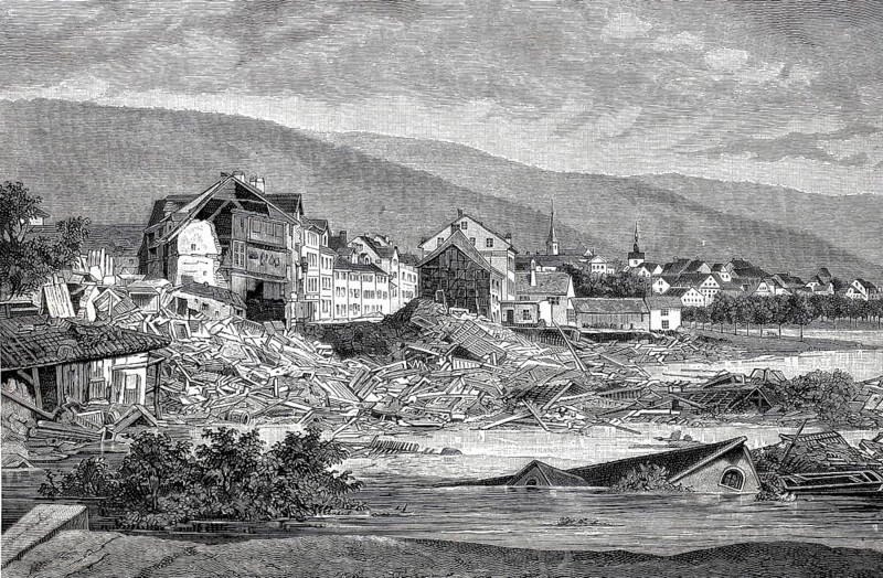 The catastrophe of Zug, in the so-called suburban disaster on 5 July 1887, a collapse of the shore of Lake Zug destroyed 35 buildings in the suburb, Switzerland, Historical, authentic, digitally restored reproduction from a 19th century original, Record date not stated