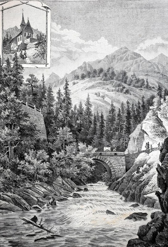 Bridge over the Anterior Rhine near Disentis in 1890, Graubünden, Switzerland, Historic, authentic, digitally restored reproduction from a 19th century original, Record date not stated