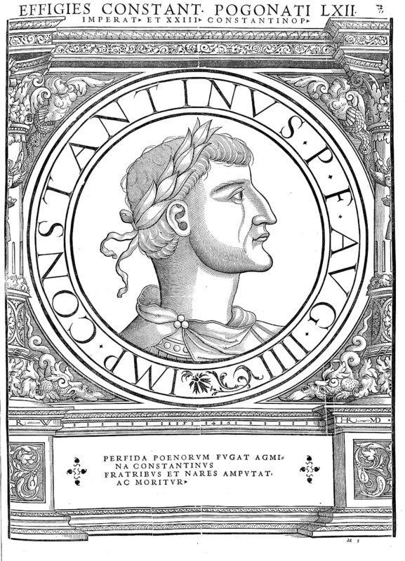 Constans II, Constans, (born 7 November 630, died 15 September 668 in Syracuse), son of Constantine III and Gregoria, was Eastern Roman or Byzantine emperor from 641 to 668, authentic, digitally restored reproduction from a 19th century original, record date not stated