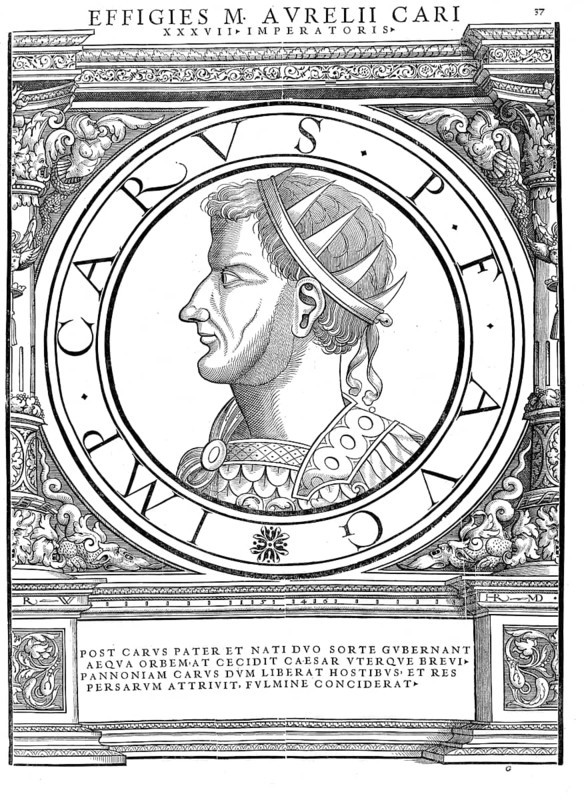Marcus Aurelius Carus (born around 223 in Narbo Martius, died 283 in Mesopotamia) was Roman emperor from 282 to 283, authentic, digitally restored reproduction from a 19th century original, record date not stated