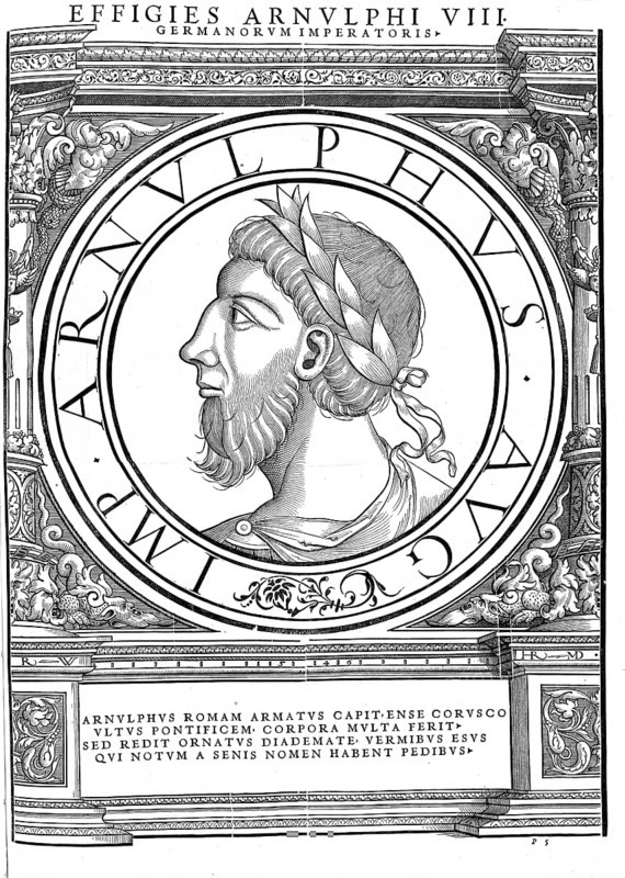 Arnolf of Carinthia, also Arnulf, Arnold, (born around 850, died 8 December 899 in Regensburg) from the Carolingian dynasty was King of the East Franconian Empire from 887 and Roman Emperor from 896 to 899, authentic, digitally restored reproduction from a 19th century original, record date not stated