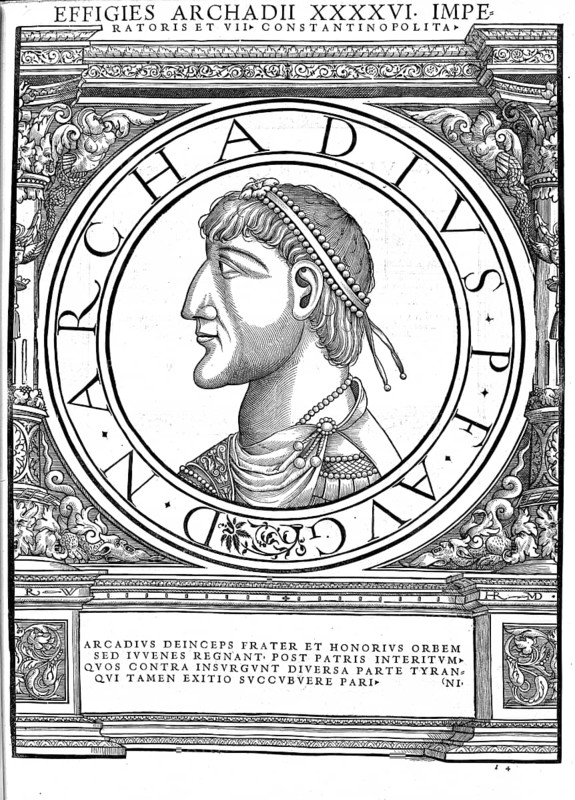 Flavius Arcadius, Arkadios, (born around 377 in Hispania, died 1 May 408 in Constantinople) was emperor of the eastern half of the Imperium Romanum between 395 and 408 and is therefore regarded as the first ruler of the Eastern Roman or Byzantine Empire, authentic, digitally restored reproduction from a 19th century original, record date not stated