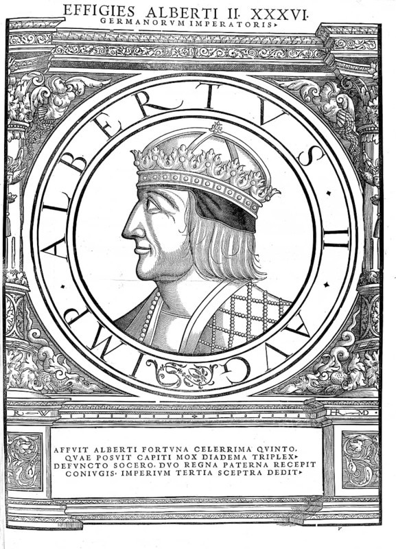 The Habsburg Albrecht, also Albert, (born 16 August 1397, died 27 October 1439) was from 1404 as Albrecht V Duke of Austria and from 1438 as Albrecht II Roman-German King and King of Hungary, Croatia and Bohemia, authentic, digitally restored reproduction from a 19th century original, record date not stated