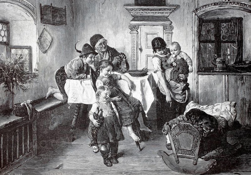Living scene, the dachshund has made itself comfortable in the baby cradle and is surprised by the family and has to give way, Farmhouse, 1880, Historical, authentic, digitally restored reproduction from a 19th century original, Record date not stated