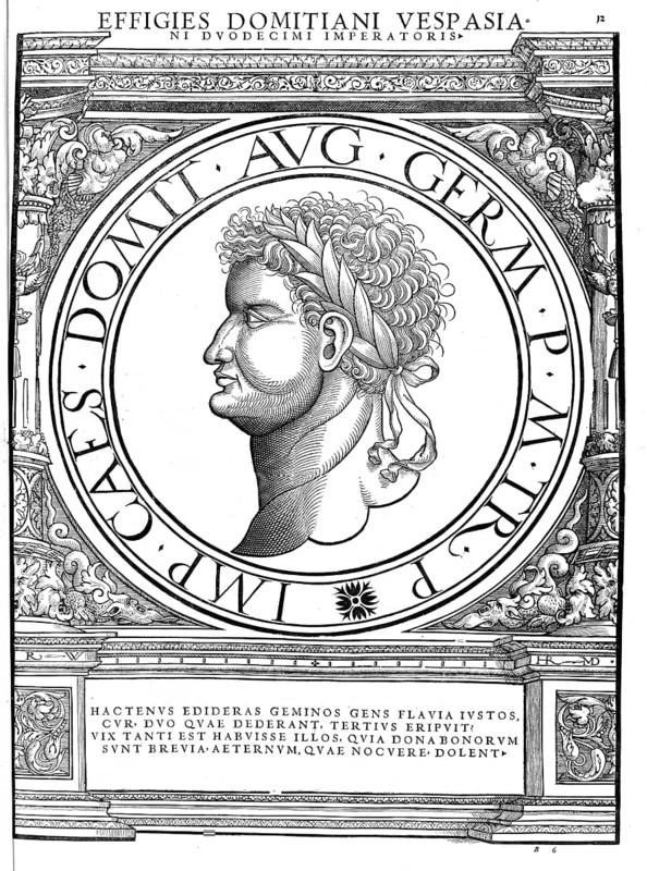 Domitian (born 24 October 51 in Rome, died 18 September 96 in Rome) was Roman Emperor from 14 September 81 until his death, authentic, digitally restored reproduction from a 19th century original, record date not stated
