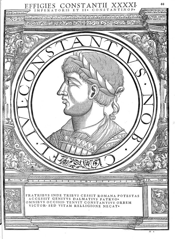 Constantius II, Flavius Iulius Constantius, (born 7 August 317 in Illyria, died 3 November 361 in Mopsukrene/Cilicia) was a son of Constantine the Great and after his death emperor in the east of the Roman Empire from 337, authentic, digitally restored reproduction from a 19th century original, record date not stated