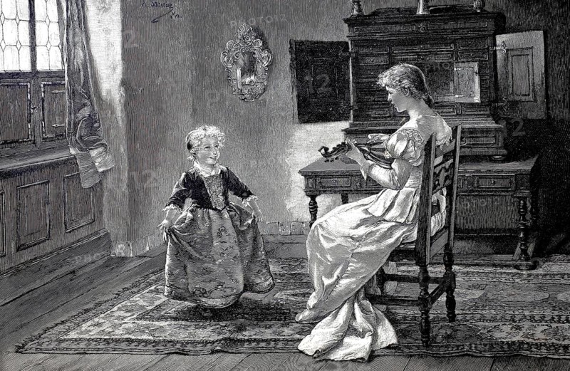 The little sister's first dance lesson, Young woman playing a mandolin, girl practising her first dance steps, Historical, authentic, digitally restored reproduction from a 19th century original, Record date not stated